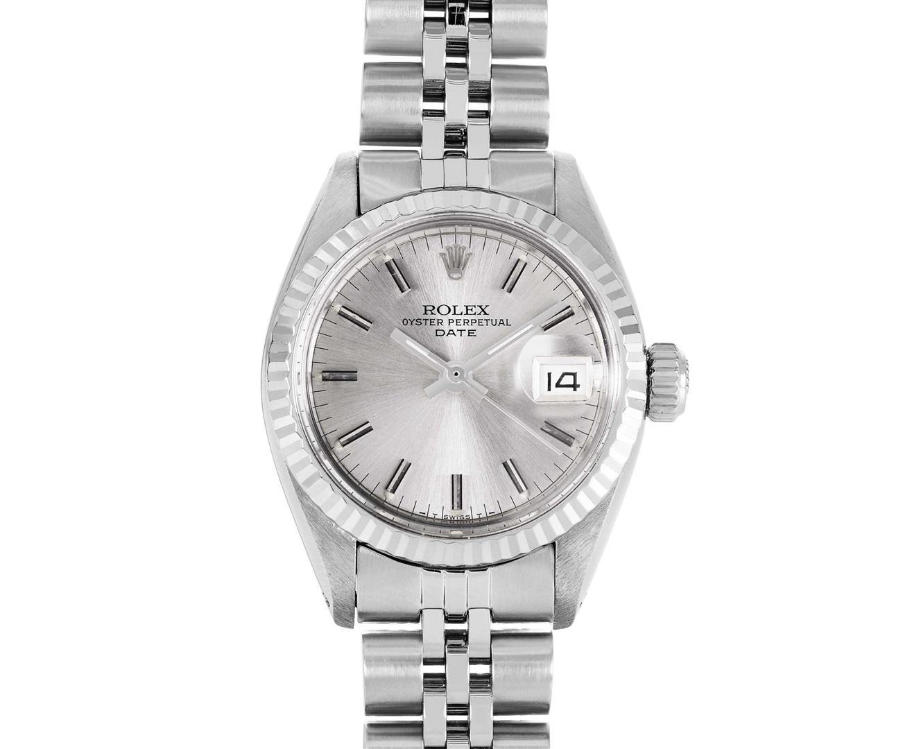 Rolex Ladies Stainless Steel Silver Index White Gold Fluted Bezel Date Watch