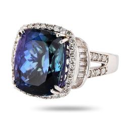 11.87 ctw DARK Tanzanite and 1.54 ctw Diamond 18K White Gold Ring (GIA CERTIFIED