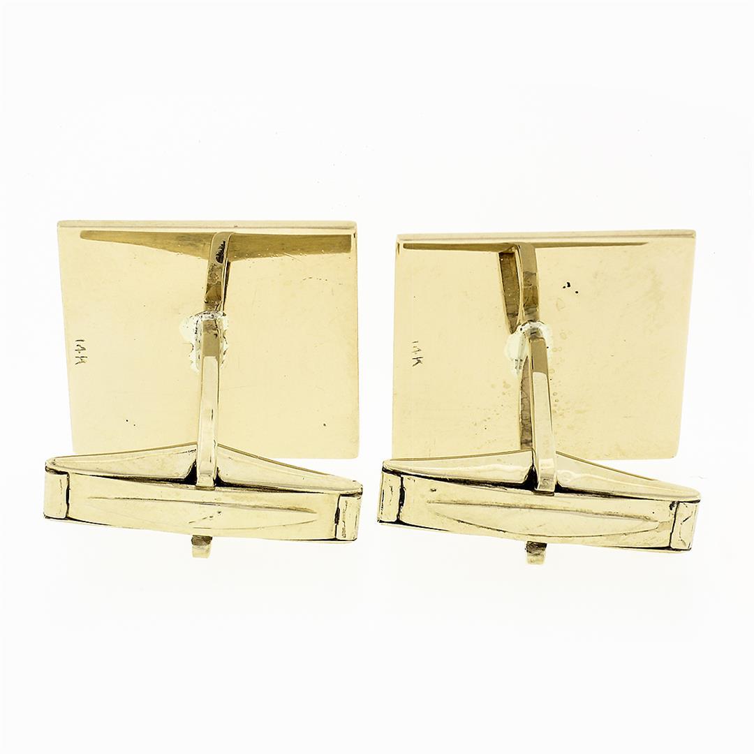 Men's Solid 14k Yellow Gold Grooved Pattern Square Cuff Link & 3 Button Stud Set