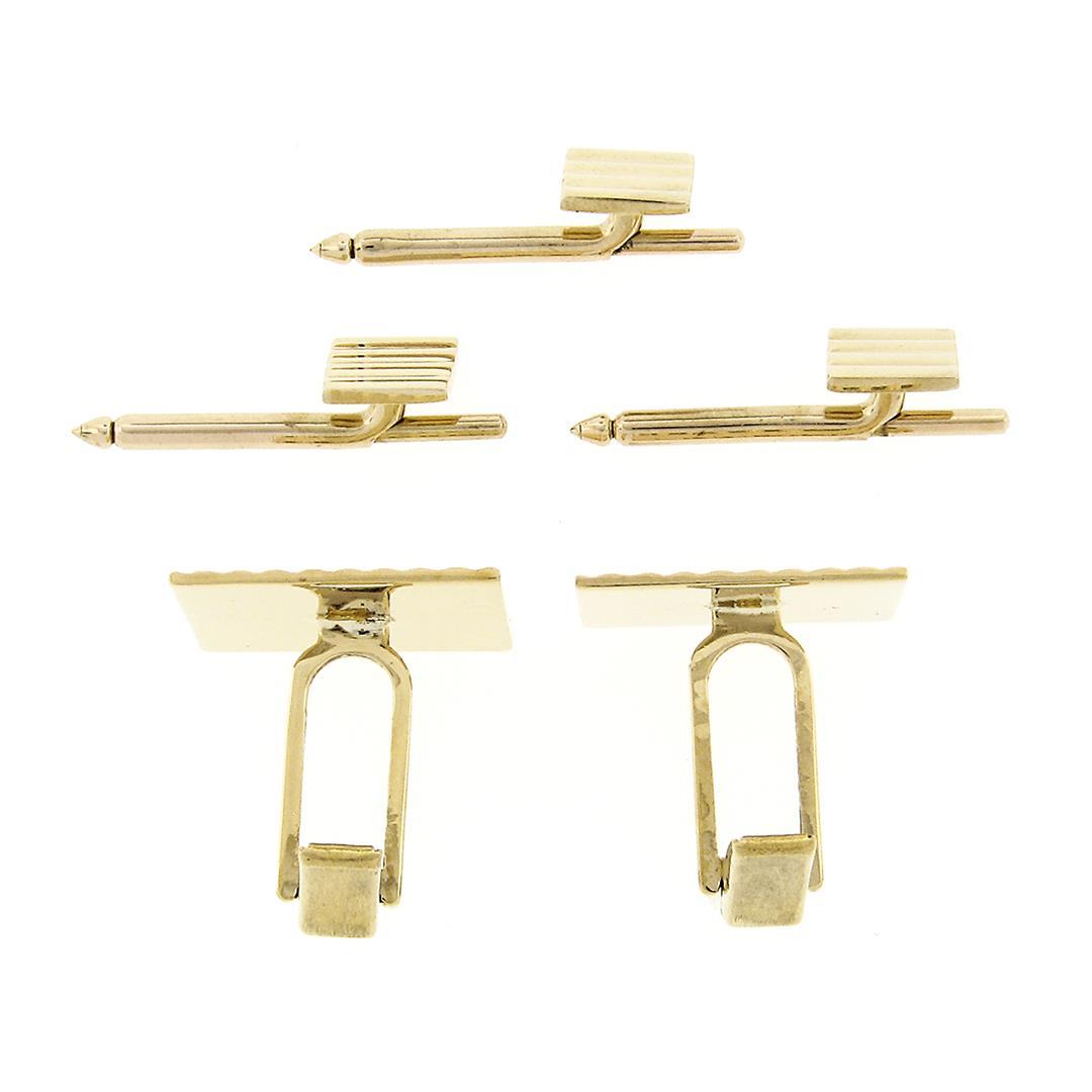 Men's Solid 14k Yellow Gold Grooved Pattern Square Cuff Link & 3 Button Stud Set