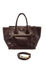 Prada Brown Nero Glace Calf Leather Double Tote Bag