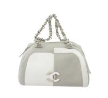 Chanel Grey White Lambskin Bicolor Leather CC Bowling Bag