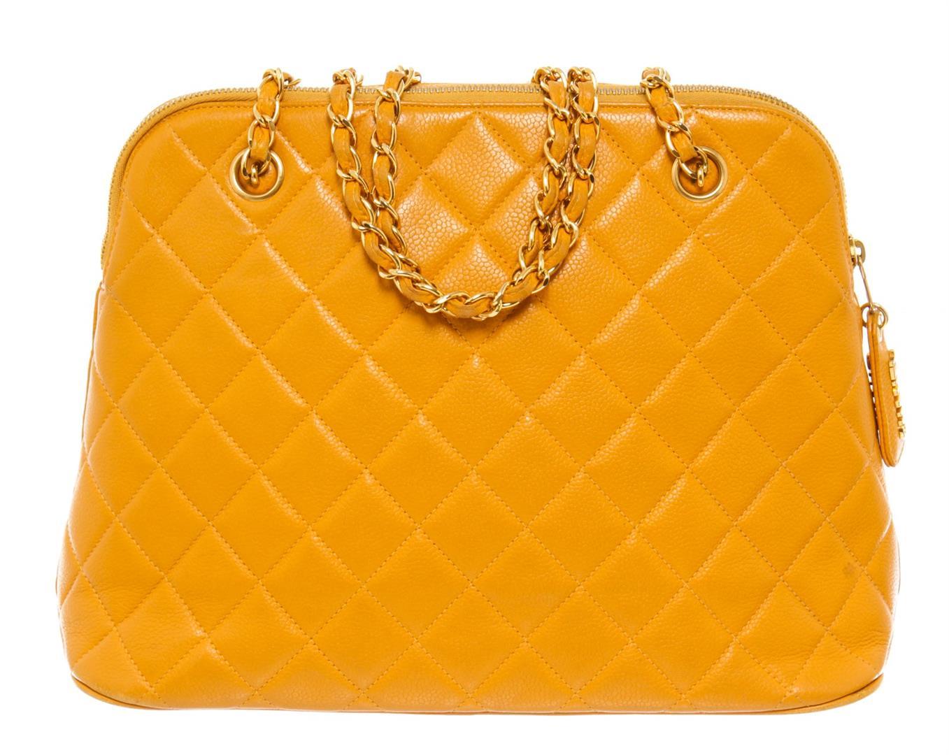 Chanel Vintage Yellow Caviarskin Leather Matelasse Chain Shoulder Bag