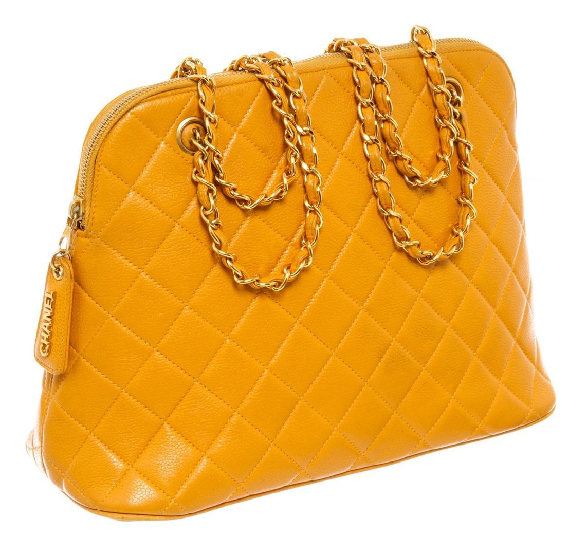 Chanel Vintage Yellow Caviarskin Leather Matelasse Chain Shoulder Bag