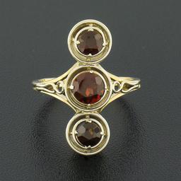 Antique 14k TT Gold Round Garnet Vertical 3 Station Concentric Wire Work Ring