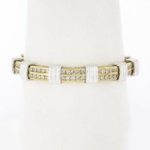 14K TT Gold 3.50 ctw Round Dual Channel Set Diamond & Grooved Link Tennis Bracel