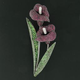 Vintage 18k Black Gold Large Tsavorite Garnet Ruby Diamond Calla Lily Brooch Pin