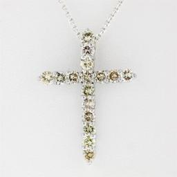 New 14k White Gold 1.52 ctw Fancy Colored Round Diamond Cross Pendant Necklace