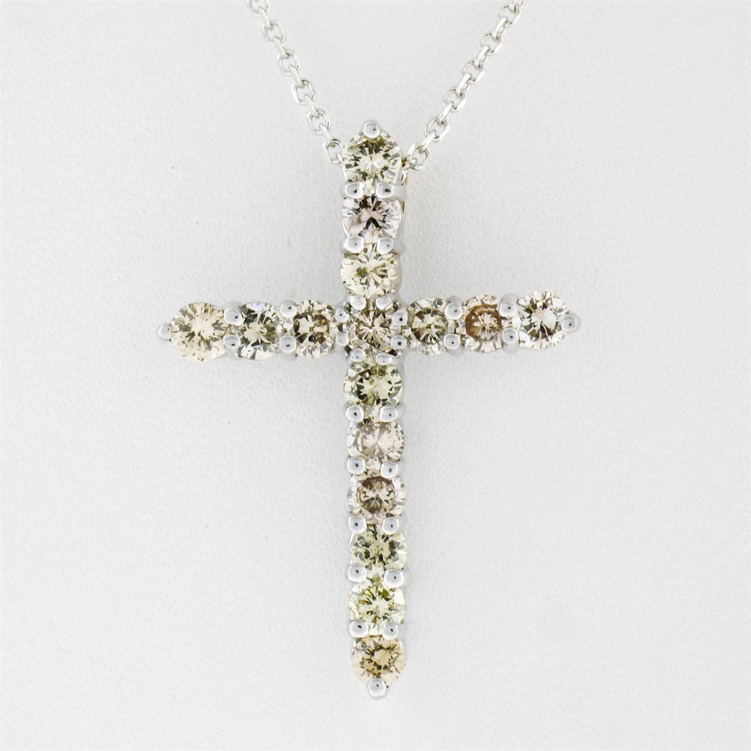 New 14k White Gold 1.52 ctw Fancy Colored Round Diamond Cross Pendant Necklace