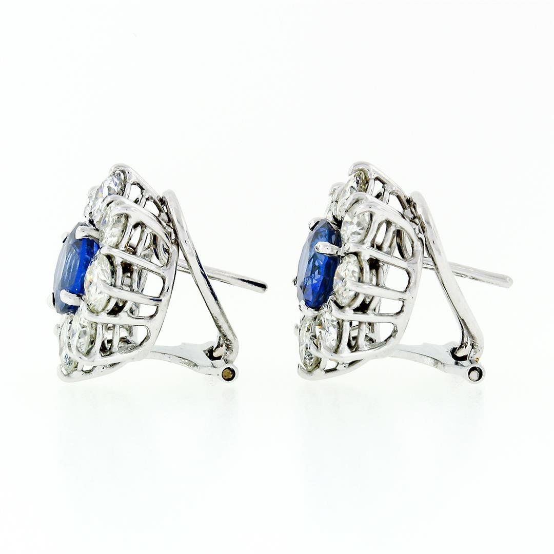 18k White Gold 8.50 ctw GIA Ceylon Sapphire Diamond Halo Flower Cluster Earrings