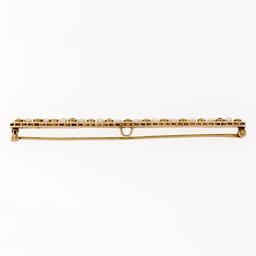 Antique Krementz 14k Gold 1.30 ctw Old Sapphire Natural Pearl Long Bar Pin Brooc