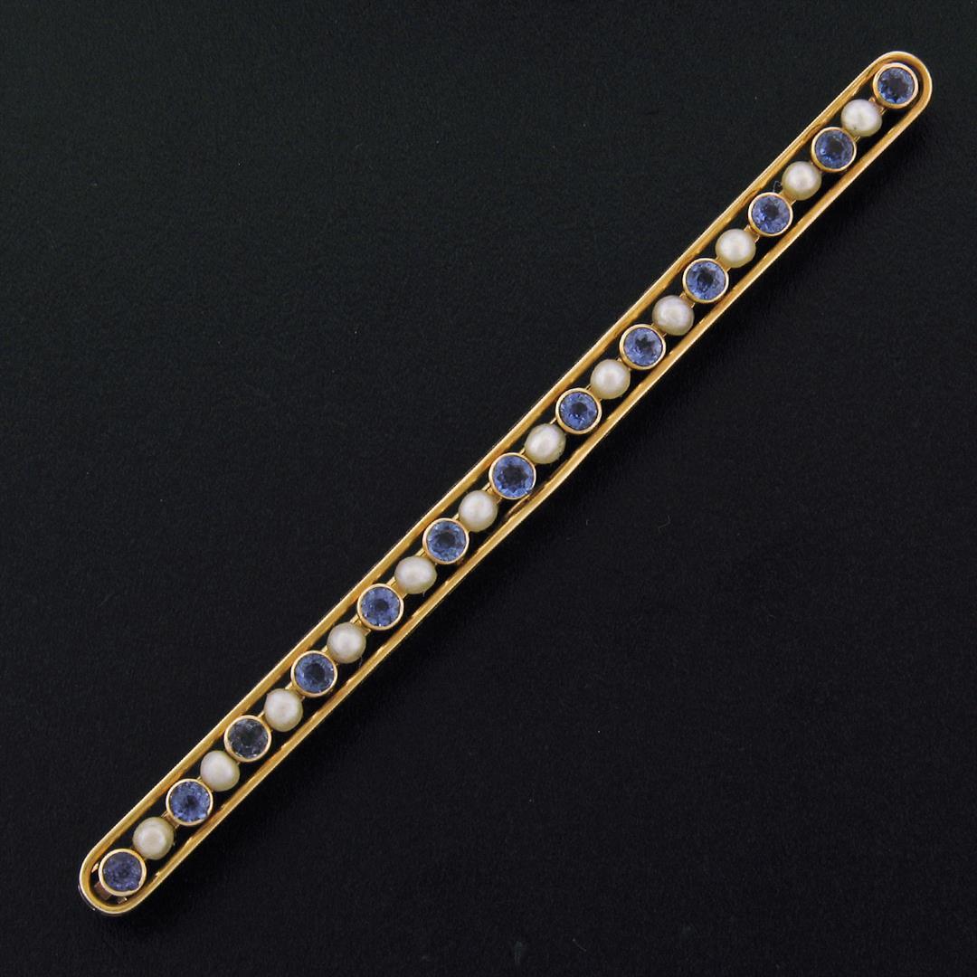 Antique Krementz 14k Gold 1.30 ctw Old Sapphire Natural Pearl Long Bar Pin Brooc