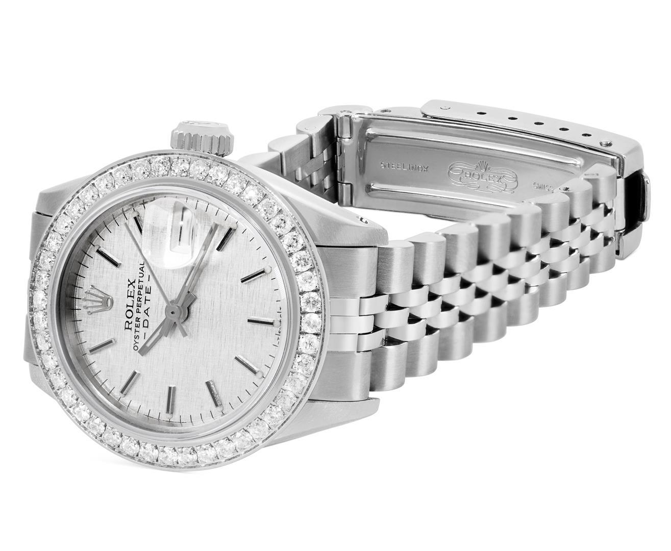 Rolex Ladies Stainless Steel Silver Index Steel Diamond Bezel Date Watch With Ro