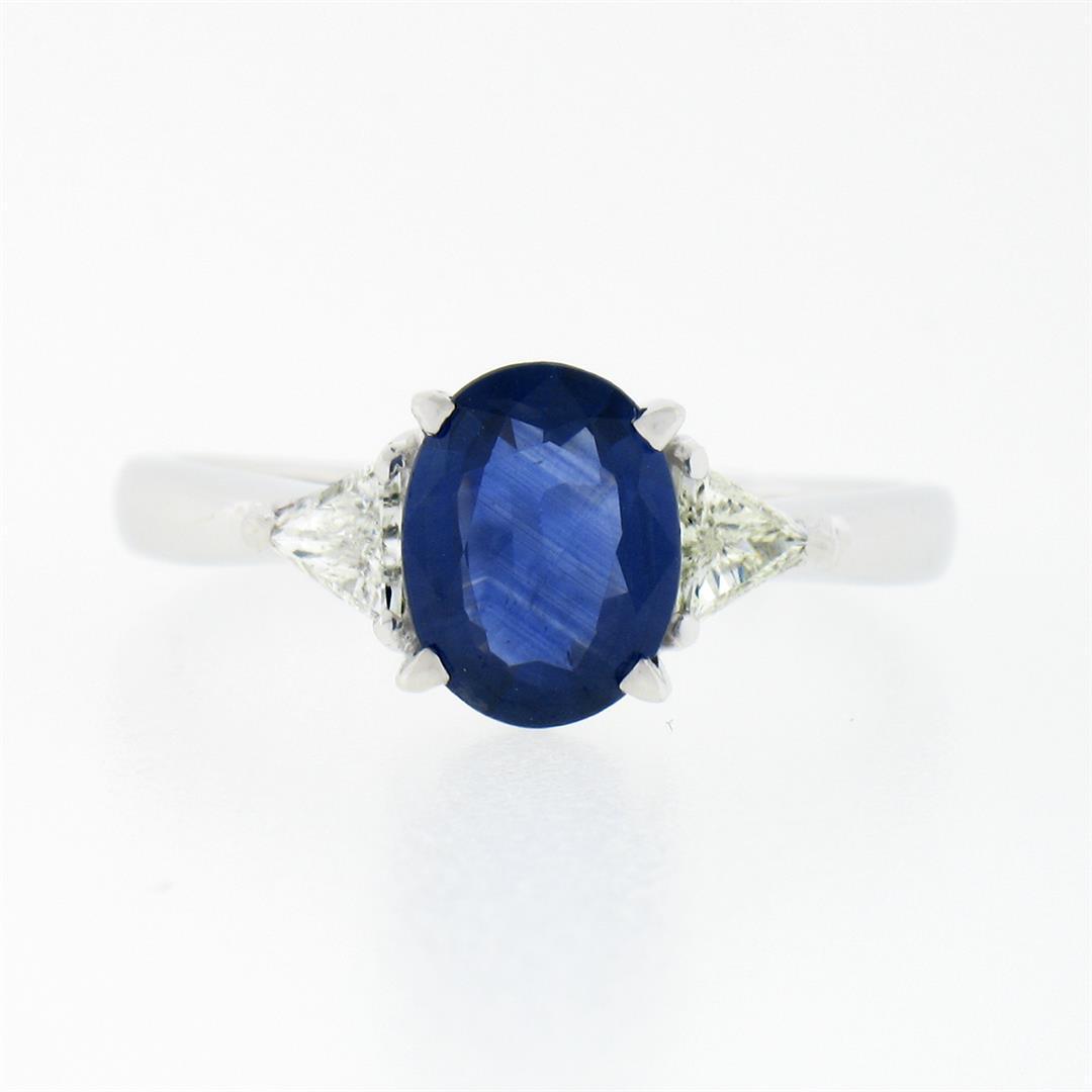 18K White Gold 2.21 ctw GIA Oval Sapphire & Trillion Diamond 3 Three Stone Ring