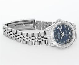 Rolex Ladies Quickset Stainless Steel Blue Roman Dial Diamond Lugs Wristwatch 26