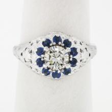 Vintage 18k White Gold 1.09 ctw Diamond Solitaire Sapphire Halo W/ Milgrain Ring