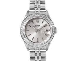 Rolex Ladies Stainless Steel Silver Index 18K White Gold Pave Bezel Date Watch