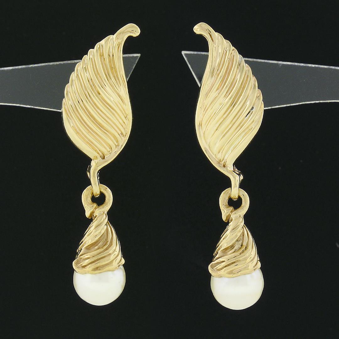 14K Yellow Gold Grooved Textured Wing Feather White Pearl Drop Dangle Earrings