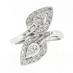 Vintage 14k White Gold 0.84 ctw Round Baguette Cut Diamond Pear Leaf Bypass Ring