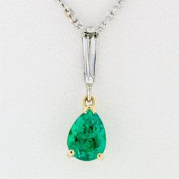 Petite 14K TT Gold .81 ctw Pear Emerald Long Baguette Diamond Drop Dangle Pendan