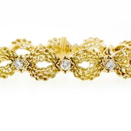 Vintage 18k Gold 1.51 ctw Diamond Twisted Wire Open Puffed Link Statement Bracel