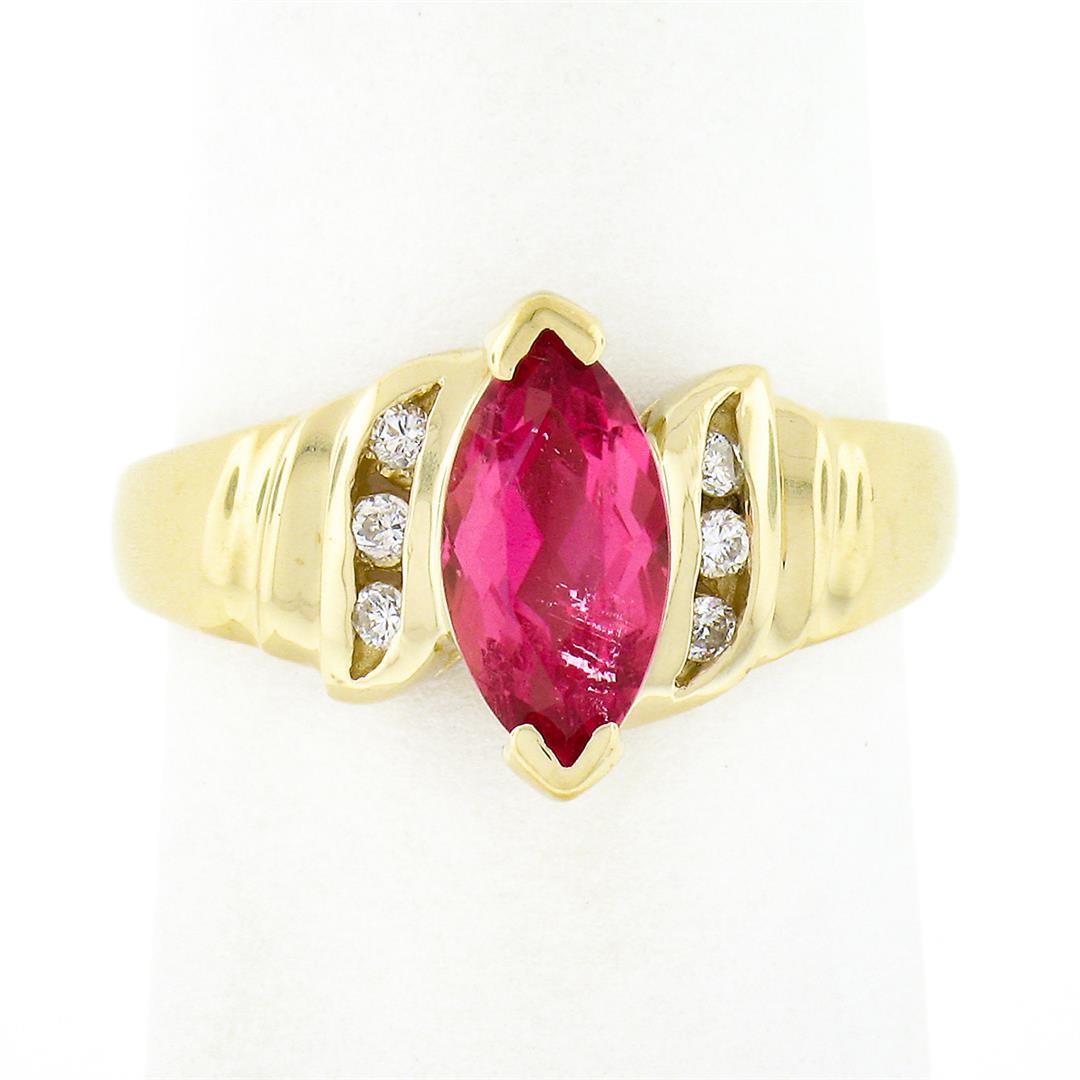 14k Gold 1.00 ctw Marquise Pink Tourmaline w/ Round Diamond Channel Accents Ring