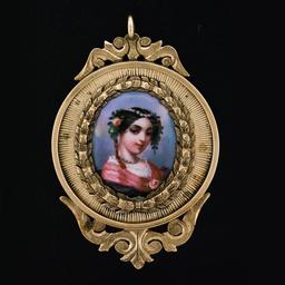 Antique Victorian 14k Rose Gold Large Detailed Hand Painted Medallion Pendant