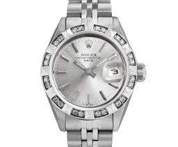 Rolex Ladies Stainless Steel Silver Index 18K White Gold Diamond Bezel Date Watc