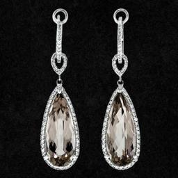 14K White Gold Smoky Quartz & .48 ctw Diamond Halo Day Night Hoop Dangle Earring