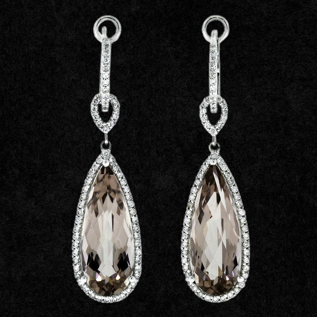 14K White Gold Smoky Quartz & .48 ctw Diamond Halo Day Night Hoop Dangle Earring