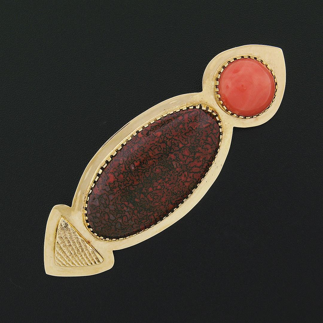 Vintage 18k Gold Multi Prong Agate & Cabochon Coral Modernist Large Brooch Pin