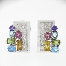 18k White Gold 3.86 ctw Multi Color Gemstone Round Diamond Cluster Cuff Earrings