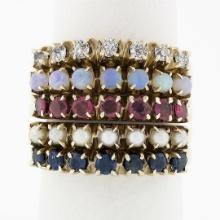 Vintage 14k Gold Round Ruby Sapphire Diamond Opal Pearl 5 Band Harem Stack Ring