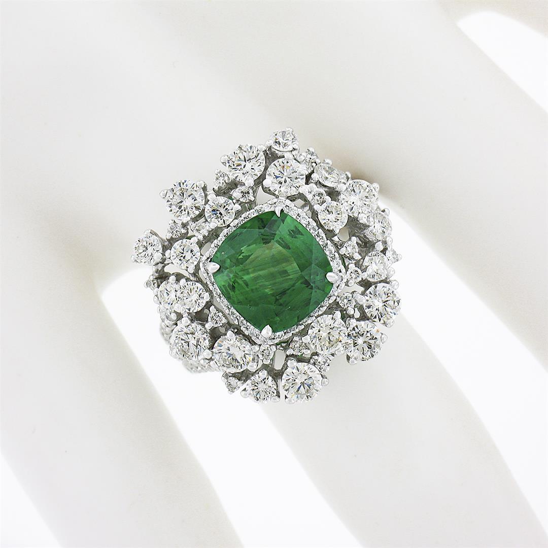 18k White Gold 5.67 ctw GIA Cushion Tsavorite & Diamond Cocktail Statement Ring