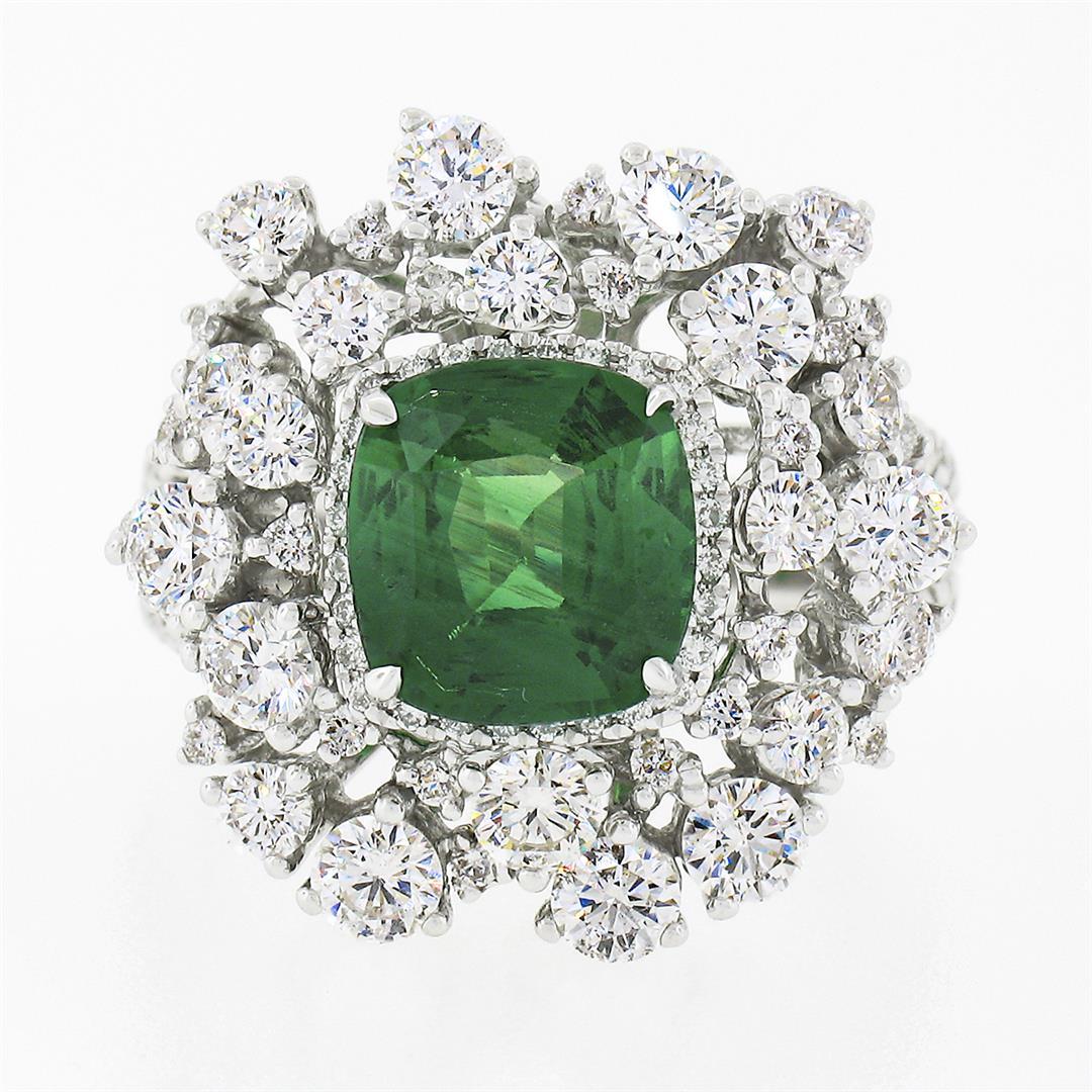 18k White Gold 5.67 ctw GIA Cushion Tsavorite & Diamond Cocktail Statement Ring