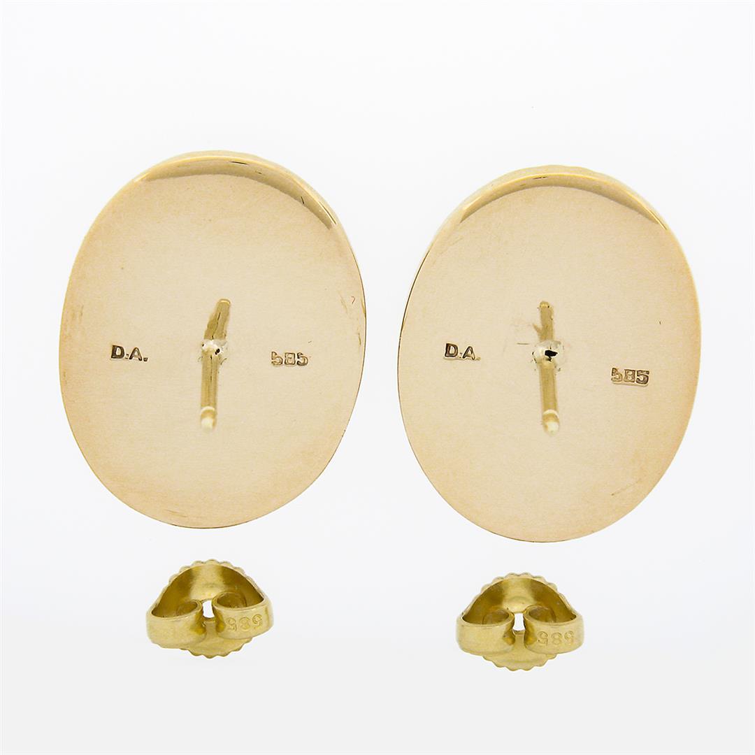 Antique 14K Yellow Gold Oval Bezel Carnelian Repousse Work Frame Button Earrings