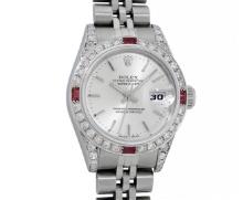 Rolex Ladies Quickset Stainless Steel Silver Index 18K White Gold Diamond & Ruby