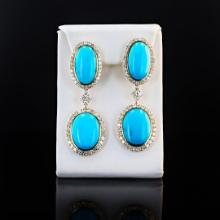 45.67 ctw Turquoise and 6.43 ctw Diamond 14K Yellow Gold Earrings