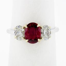 New 18k Gold GIA FINE Vivid Red Oval Ruby & Diamond Three Stone Engagement Ring