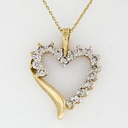 10k Yellow Gold 16" .60 ctw Round Prong Set Diamond Open Heart Pendant Necklace