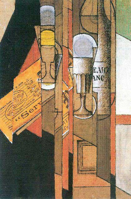 Juan Gris - Glasses, Newspaper And Wine Bottle