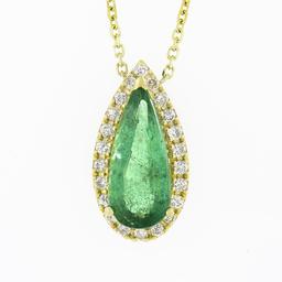 18K Gold 2.15 ctw Elongated Pear Emerald w/ Diamond Halo Teardrop Pendant Neckla