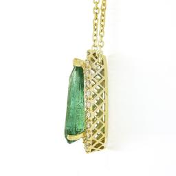 18K Gold 2.15 ctw Elongated Pear Emerald w/ Diamond Halo Teardrop Pendant Neckla