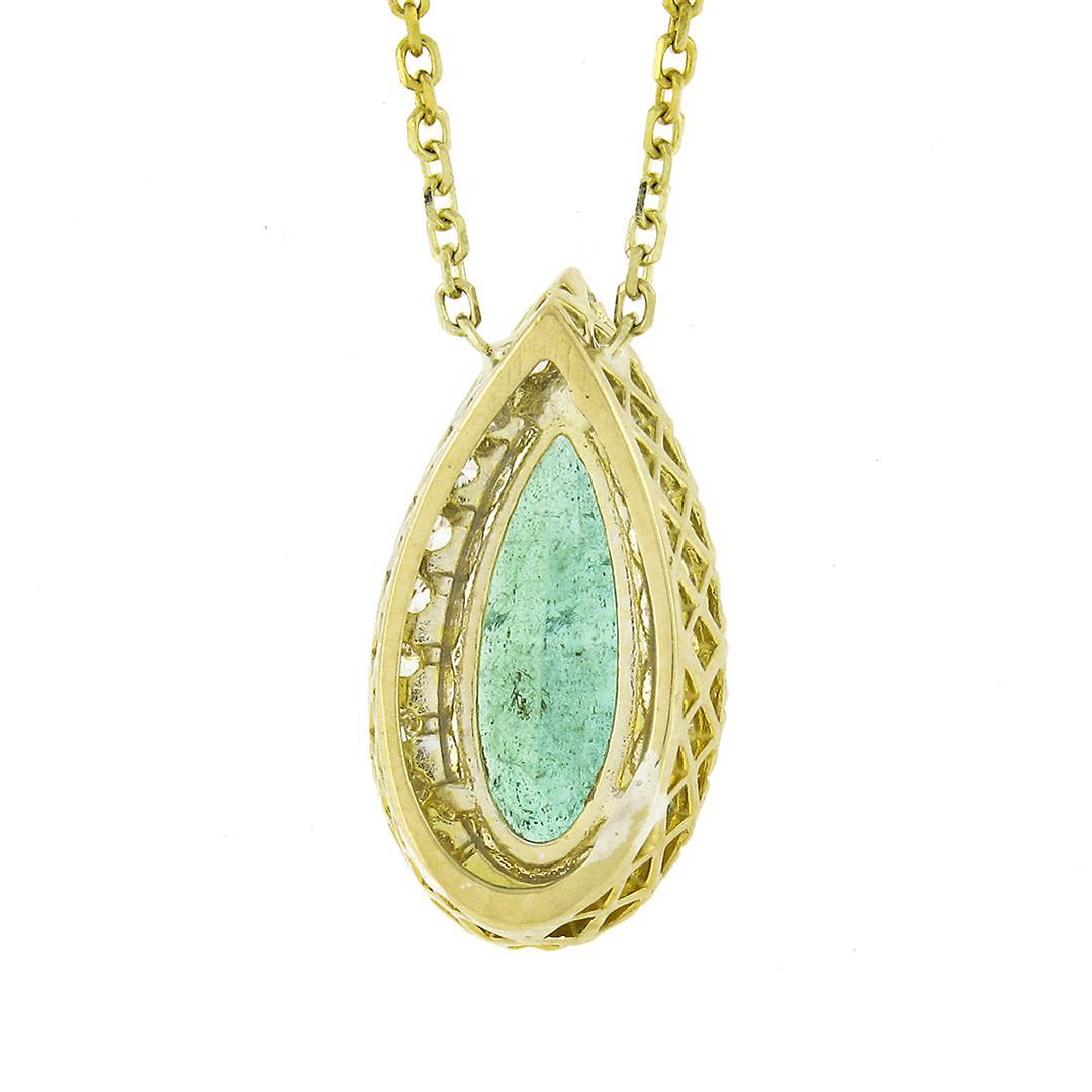 18K Gold 2.15 ctw Elongated Pear Emerald w/ Diamond Halo Teardrop Pendant Neckla