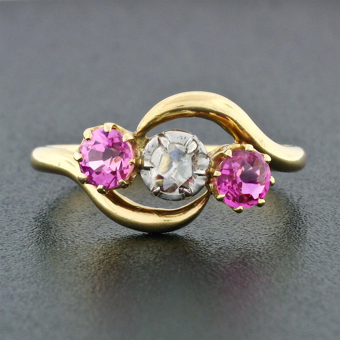 Antique Victorian 18K Gold 1.18 ctw Diamond & European Pink Sapphire 3 Stone Rin