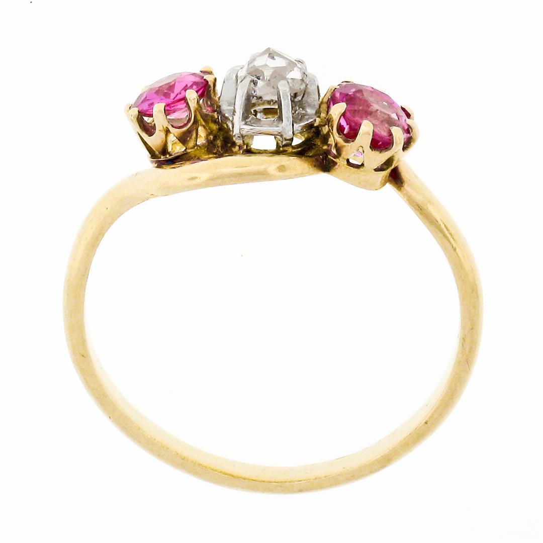 Antique Victorian 18K Gold 1.18 ctw Diamond & European Pink Sapphire 3 Stone Rin