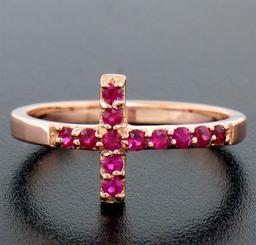 NEW Solid 14k Rose Gold 0.25 ctw Round Cut Blood Red Ruby Curved Cross Band Ring