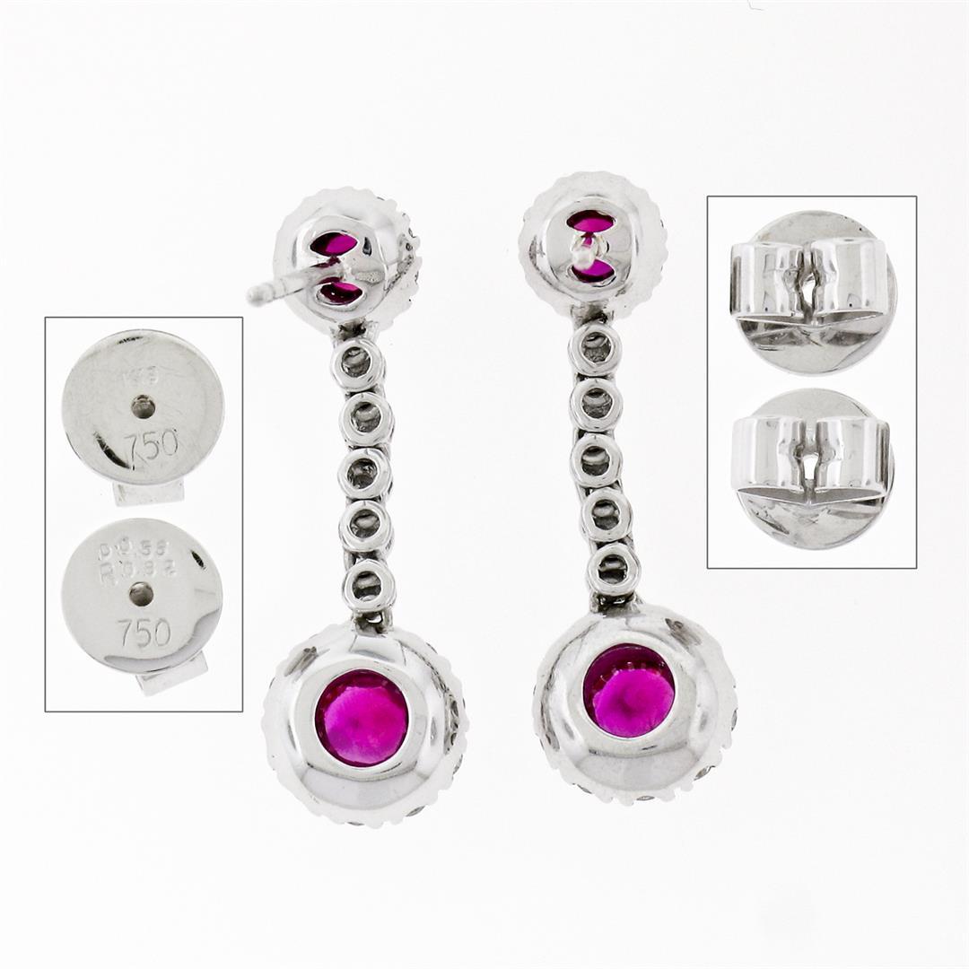 Fancy 18K White Gold 1.38 ctw Round Ruby w/ Diamond Halo Post Drop Dangle Earrin