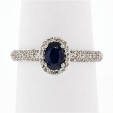 Petite 14K White Gold 1.05 ctw Oval Sapphire Solitaire & Diamond Halo Promise Ri