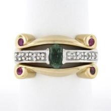 14K TT Gold.92 ctw Oval Sapphire Solitaire Diamond Ruby Sideways Scroll Band Rin